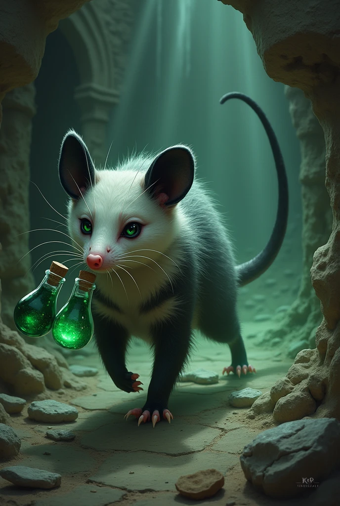 A black-eared opossum, holding small vials of green liquid, running through a dungeon