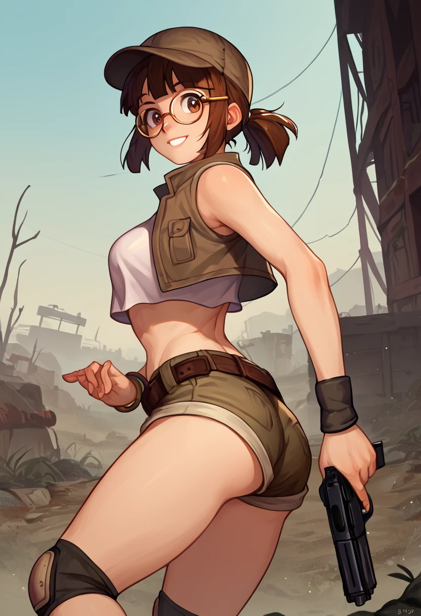 score_9, score_8_up, score_7_up, source_anime, fiogermi,1girl,fio germi, brown hair, glasses, medium hair, ponytail, brown eyes, crop top, hat, jacket, knee pads, shorts, sleeveless, navel, belt, outdoors, wasteland, gun, weapon, holding gun, smile,ass,looking at viewer, cowboy shot,dynamic pose, dutch angle, solo,behind view reloj metálico dorado o rosa 