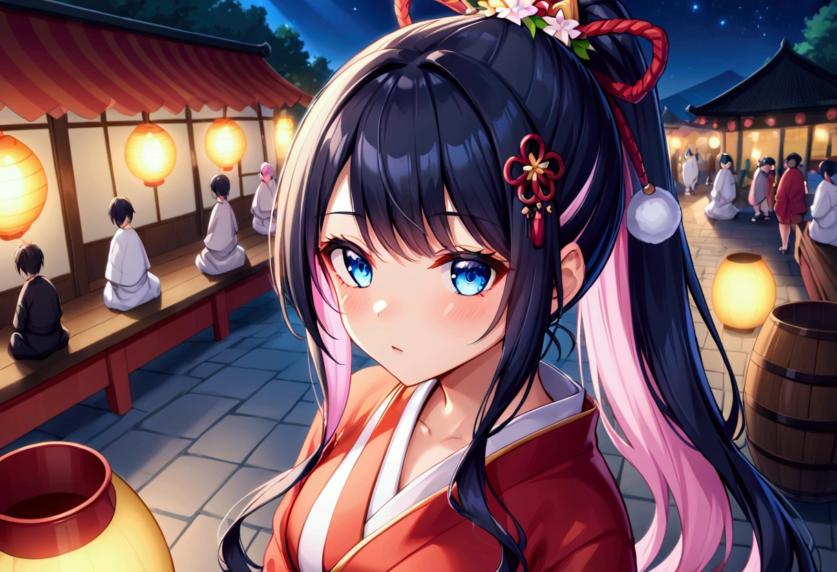 ponytail((Highest quality))、(masterpiece),(deep shadows)、,email, (１6  beautiful girl),(colored inner hair　black hair + pink inner hair),Flower-shaped hairpin,Big Barrel,eyes widen、(with star-shaped irises),BREAK　Blue eyes　BREAK aanazuna, ponytail, long hair, multicolored hair, undone clothing, off shoulder, kimono in focus with blurred background, in the Japanese festival, at dusk, from above, upper body, wide shot, wide-angle lens, warm lighting, moonlight, at night, at festival