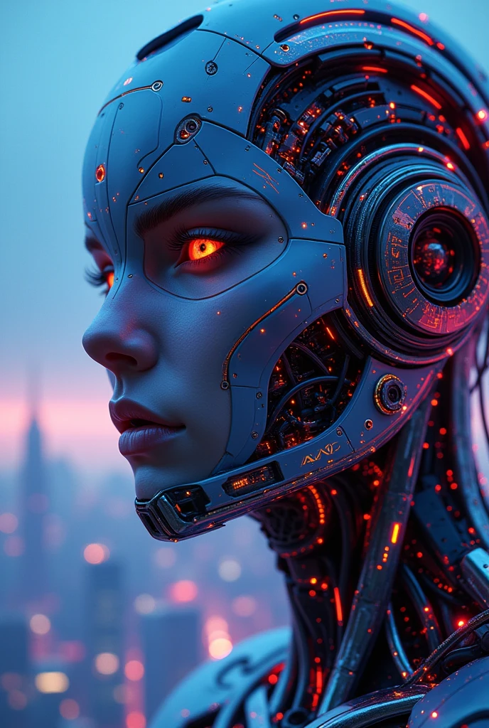 (future technology), (Mecha face close-up), blue to purple gradient background, Fantasy space city background, Fantastic light and shadow effects