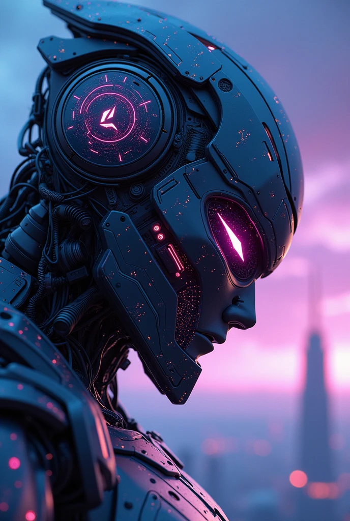 (future technology), (Mecha face close-up), blue to purple gradient background, Fantasy space city background, Fantastic light and shadow effects