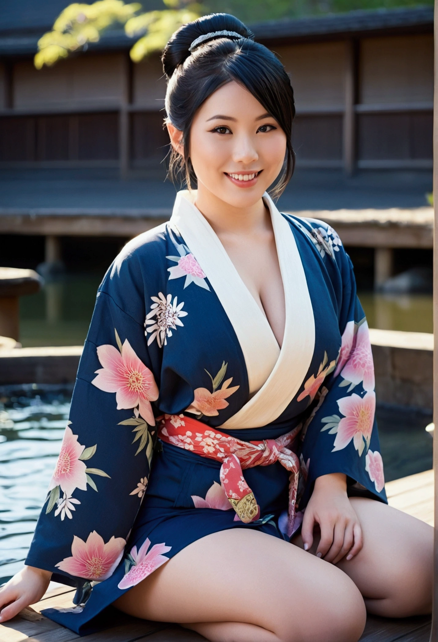 Beautiful female model,27 years old,Japanese ethnic group,thick body type,tattooed white skin,big breasts,big ass thick thighs,facing a seductive smile,Black hair color,bun hair type,blue eye color,yukata clothing,full body photo distance,full body view,portrait screen type,seductive pose action,hot spring place,cinematic scene lighting,realism style
