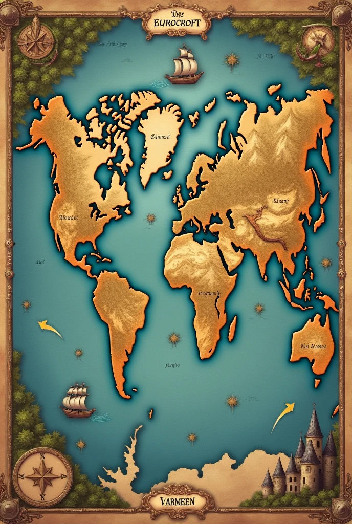Map of seven fictional continents that is identical to the real continents, The biggest one called Eurocroft, another one called Varmeen. Old medieval map
