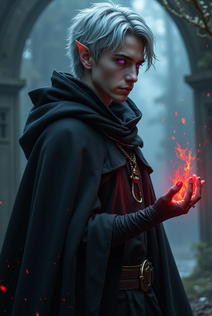 Character based on the world of Lord of the Rings, A high-fantasy horror, dark lord, a teenager half-elf young man with silver short hair and purple eyes, teenager Dark wizard, A younger man wearing a long cloak, rivendell, younger half-elf sorcerer, red flamering ruby ring on his hand, she-elf