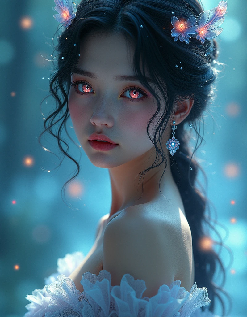 A beautiful girl with symbol-shaped pupils, sparkling eyes, and star-shaped pupils looking directly at the viewer, 8k, beautiful lighting, masterpiece, photorealistic, concept art, cinematic, vibrant colors, detailed face, intricate hairstyle, elegant expression, flowing dress, mystical atmosphere, ethereal, fantasy, magical