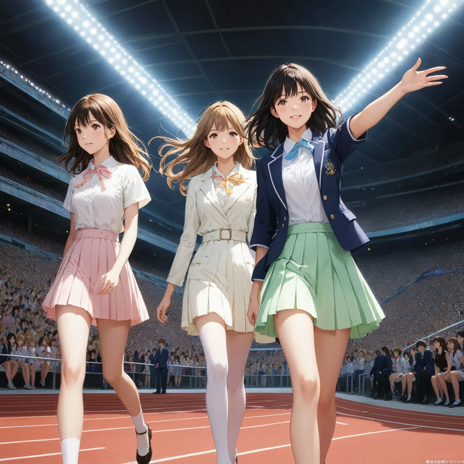 Three girls in school uniforms walking on a track in a stadium, soft anime cg art, promotional render, official work, CG game, kyoto animation still, CGI style anime, promotional art, official anime yet, official studio anime yet, in the style of Kyoto animation, Fanart oficial, Makoto Shinkai. digital rendering, high detailed official work, trend on cgstation