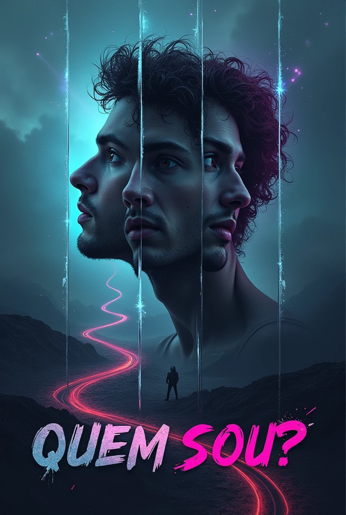 Create a melancholic and introspective album cover for the song 'QUEM SOU?,' capturing the themes of identity crisis, emotional disarray, and the search for self. The scene should feature a fragmented mirror or reflective surface, with each shard reflecting a different version of the same male face, symbolizing the fractured identity and confusion of the self. The background is a dark, surreal landscape with twisting paths leading in different directions, representing the uncertainty of the future and the struggle to find a true path. The color palette should include deep blues, purples, and muted grays, evoking a sense of melancholy and introspection.
Abstract male figures or shapes can be seen in the background, subtly blending into the shadows, representing the pressures and expectations that distort one's true self. Faint glimmers of neon light add an electro-pop feel, while a soft, diffused glow around the fragmented mirror hints at the possibility of clarity or self-discovery amidst the darkness. The album title 'QUEM SOU?' should be written in a blend of bold, distressed font and softer, flowing script, seamlessly integrated into the image, reflecting the conflict and search for identity.