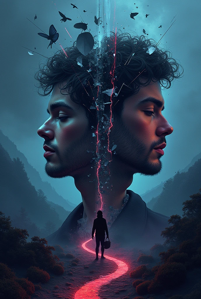 Create a melancholic and introspective album cover for the song 'QUEM SOU?,' capturing the themes of identity crisis, emotional disarray, and the search for self. The scene should feature a fragmented mirror or reflective surface, with each shard reflecting a different version of the same male face, symbolizing the fractured identity and confusion of the self. The background is a dark, surreal landscape with twisting paths leading in different directions, representing the uncertainty of the future and the struggle to find a true path. The color palette should include deep blues, purples, and muted grays, evoking a sense of melancholy and introspection.
Abstract male figures or shapes can be seen in the background, subtly blending into the shadows, representing the pressures and expectations that distort one's true self. Faint glimmers of neon light add an electro-pop feel, while a soft, diffused glow around the fragmented mirror hints at the possibility of clarity or self-discovery amidst the darkness. The album title 'QUEM SOU?' should be written in a blend of bold, distressed font and softer, flowing script, seamlessly integrated into the image, reflecting the conflict and search for identity.