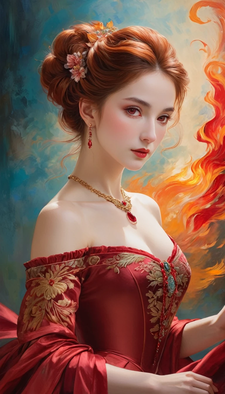 (high resolution,masterpiece:1.2),(Practical:1.37)"(best quality, high resolution, Very detailed, Practical),Beautiful portrait of a 19th century French ballerina, (She is half Scottish，Half Japanese., She is a stunning beauty，With deep red eyes and a high nose.:1.1), Exquisite ballet costumes, Detailed facial features, Slender and graceful neck, Ruby Necklace, Flowing red hair, Calm and elegant posture, Soft and delicate lighting, Classical oil painting material, Vibrant colors, Elegant background with flame pattern", Dreamy atmosphere, Surrealism,Mysterious atmosphere