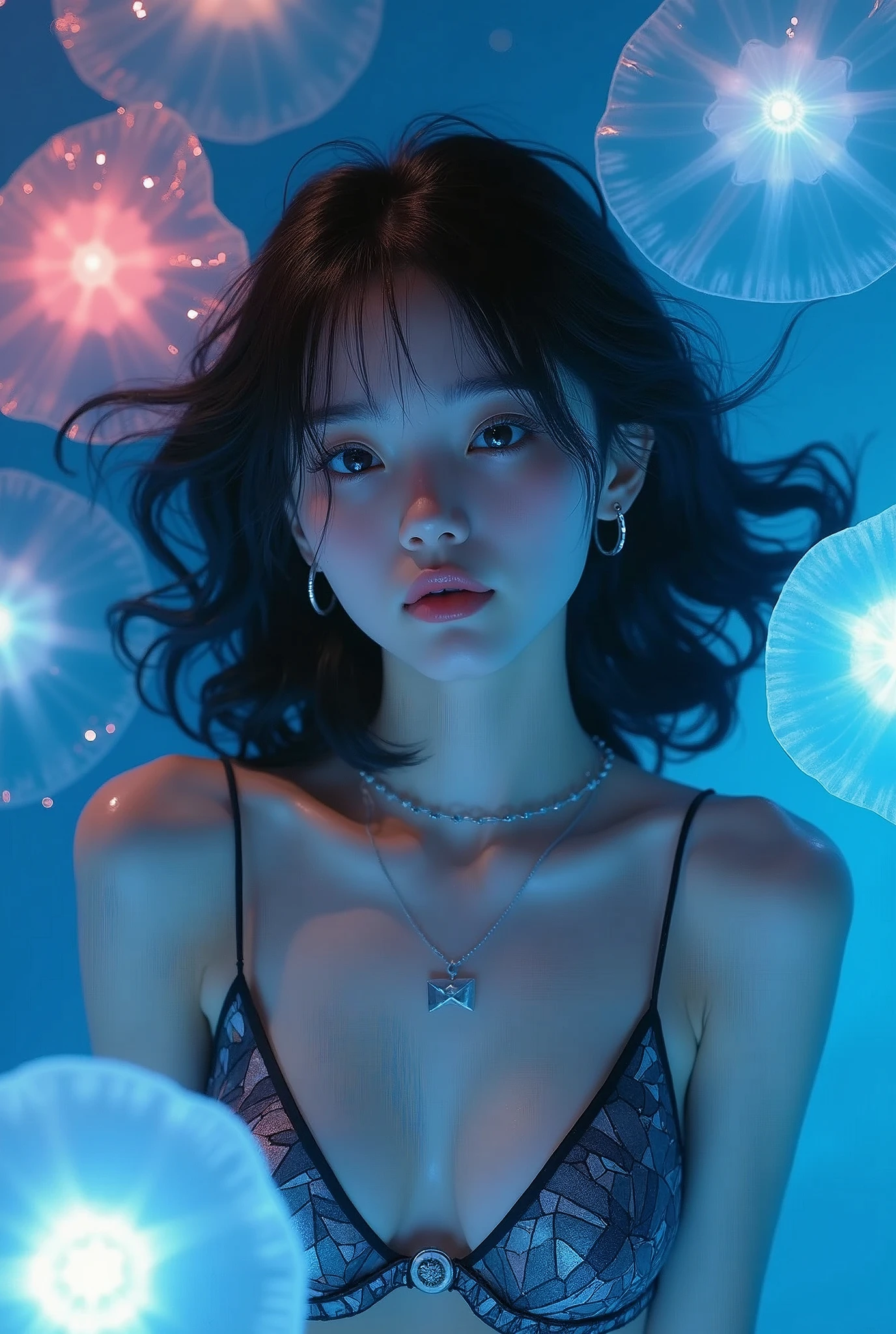 ultra HD,32k,close-up face,entangled glowing huge jelly fish, night,pool,RAW photo,ultra realistic photo,beautiful Japanese idol,kawaii,vivid, grow, ,big eyes,detailed skin,clavicle,wavy and medium hair,detailed bikini with geometric print,floating in pool,necklace,earrings,detailed shadow,gravure,wistful smile, looking back,colorful lighting