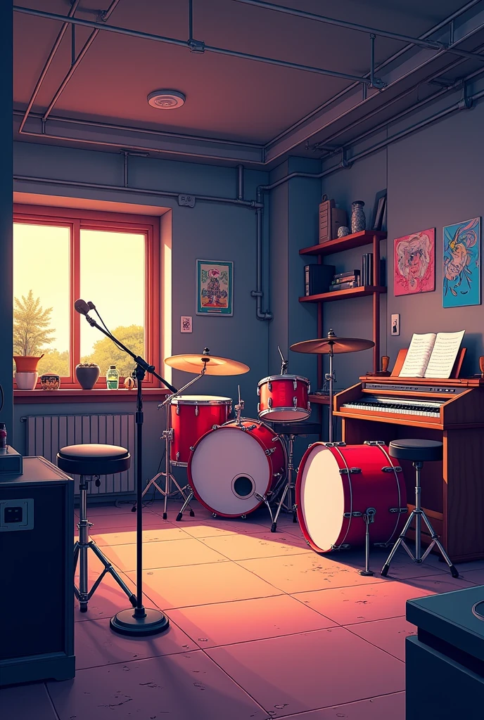Create a band practice room with drums, bass, organ and mic but no one, more interior and anime style drawing. That gym is in the basement. 