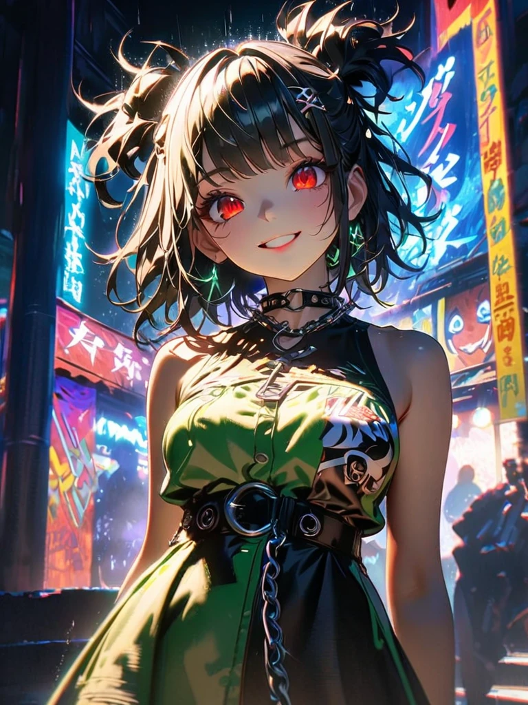 1 person, chromatic aberration, Written boundary depth, Soft Light, masterpiece, Highest quality, complicated, Tone Mapping, A place where fireworks are set off at festivals. Concept Art, Smooth, Clear focus, Dramatic lighting, Very cinematic, super practical painting, アートステーション's trending, 8k, Incredible Shadows, practical,  whole body, View, Viewers, Portrait of a Girl 1, standing on street corner, Heavy rain and lightning、Dark Sky, neon and cyber punk background, she is dressed in punk clothing with silver chains and silver spikes, Her hair was dyed a bright black color..........Ominous aura of light, smile, punk, ciber punk, Backlight.Fashionable clothes、Friendly dress code:Stylish green sleeveless denim style.My breasts are a little big.Beautiful red eyes