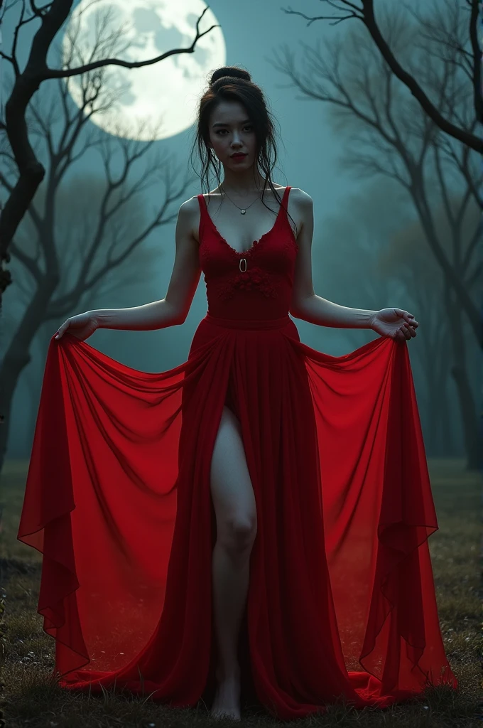 A Chinese ghost bride in red. Lifting her skirt to show off her white legs, and showing off her big pussy. The moonlight is dim in the garden full of dry trees, a mysterious and ghostly scene. There are female zombies around showing off their sexy bodies.