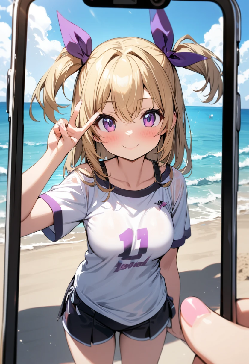1girl, ((little girl)), ((teenage)), ((young girl)), ((young age)), (()), (V), salute, large breasts, blonde hair, ((highlights hair)), ((two side up)), purple eyes, beach, selfie, holding phone at left hand,extend one's left hand, self shot with a phone,purple ribbon, masterpiece, best quality, anatomically correct