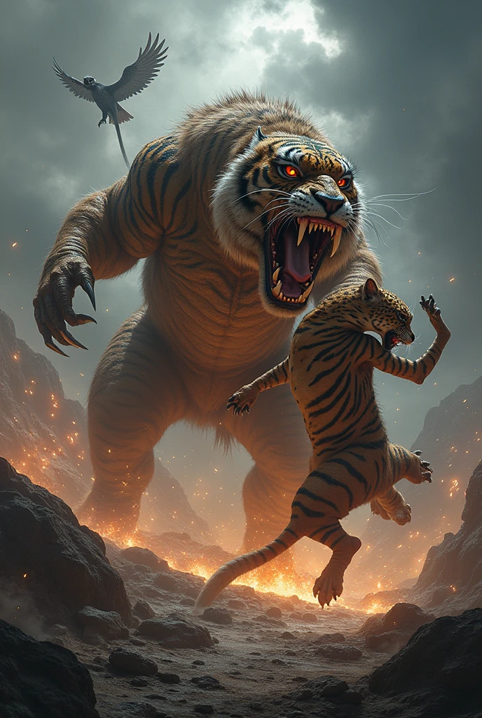 Dinosaur fusion with a tiger fighting a pterodactyl fusion with a leopard