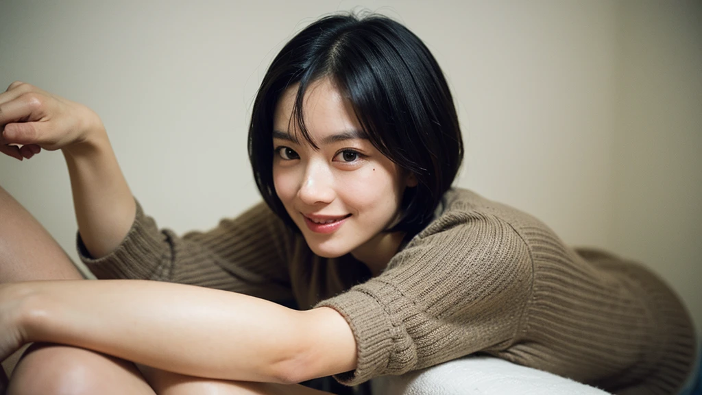 (masterpiece), (8k, Realistic, RAW Photos, Highest quality), (One person,solo), Beautiful Face, (Realistic Face), (Black Hair, short hair:1.3), Beautiful hairstyle, Realistic eyes, Beautiful attention to detail, (Realistic Skin), Beautiful Skin, (sweater), Absurd, Charm, Ultra-high resolution, Ultra-realistic, Very detailed, Golden Ratio,One person, solo, smile, Anatomically correct, Cowboy Shot, Sitting,Widescreen, Stretch your legs,Beautiful legs,Polite,Neat,