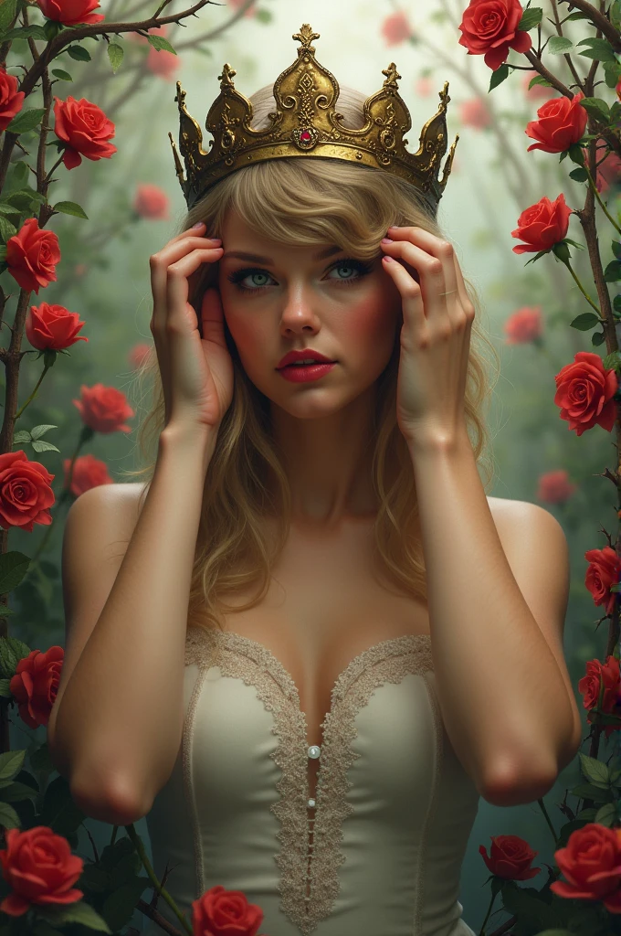 Magical realist image of Taylor Swift putting on a slightly rusty crown in the middle of an environment of roses and thorns.
