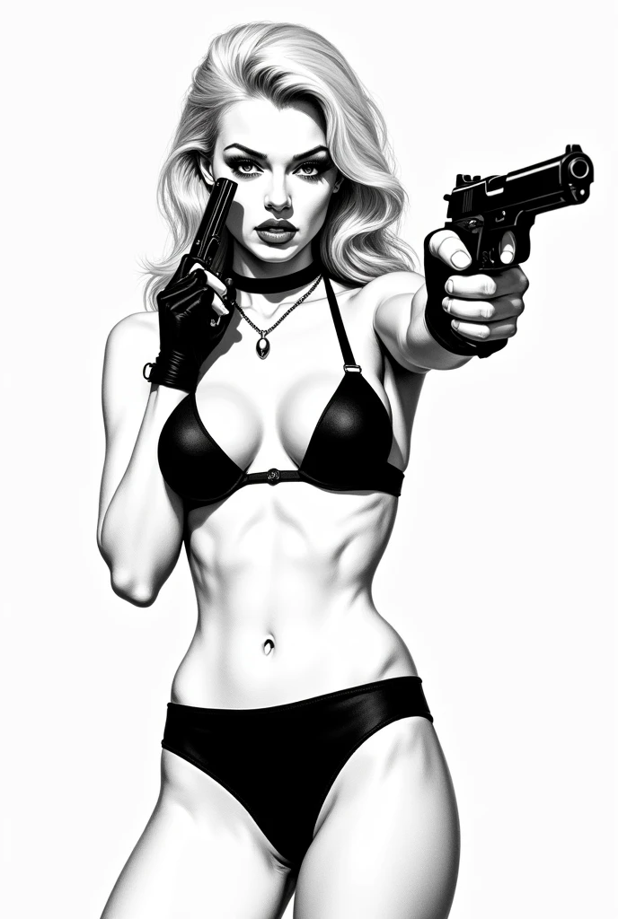 creat a girl holding a gun with both the two hands in front of the camera, pointing at telespectator, black and white, fine sketch, style of pop art, she wearing a black gloves, thin black panties and thin black bra, she's got a choke in the neck, skinny, style of andy warlhol, pulp, black and white, very fine sketch, blonde, tall, sexy, big breasts
 