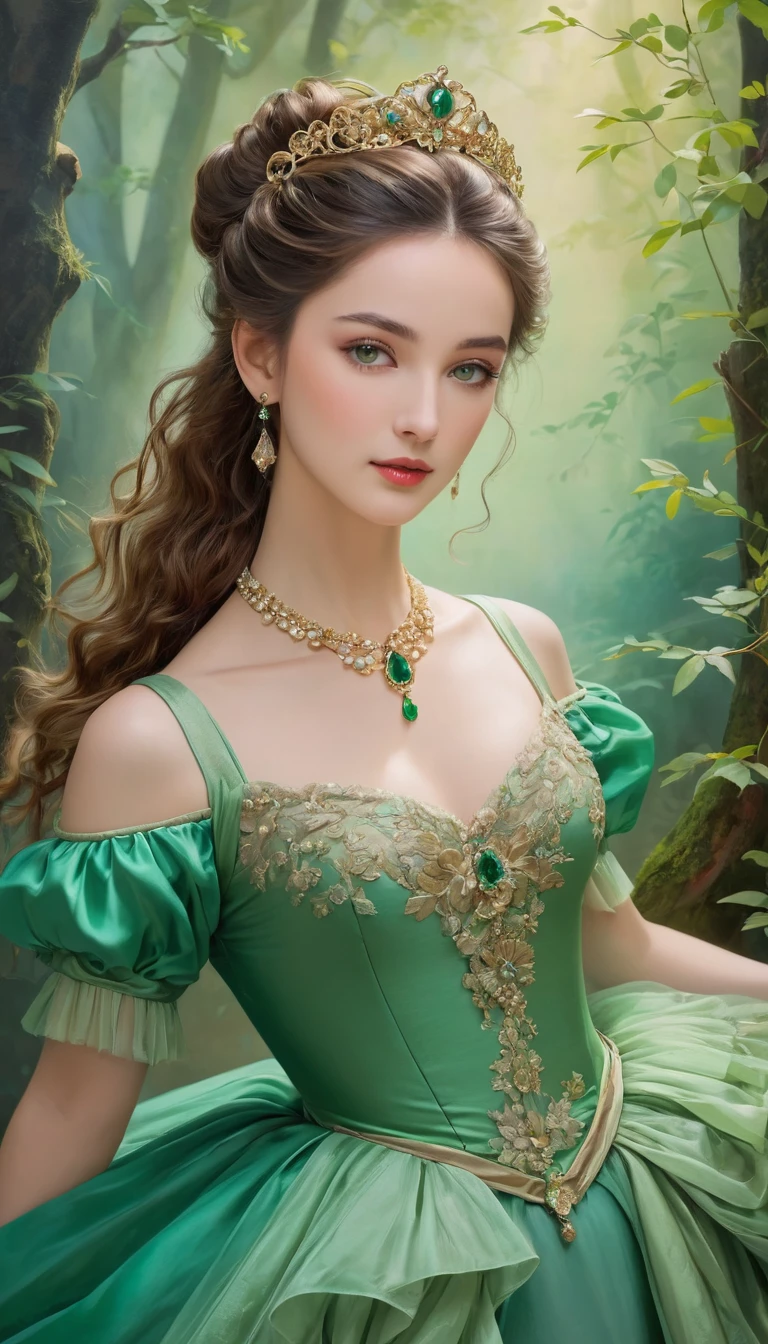 (high resolution,masterpiece:1.2),(Practical:1.37)"(best quality, high resolution, Very detailed, Practical),Beautiful portrait of a 19th century French ballerina, (She is half Scottish，Half Japanese., She is a beautiful woman，With gray-green eyes and a high nose.:1.1), Exquisite ballet costumes, Detailed facial features, Slender and graceful neck, Emerald Necklace, Flowing hair, Calm and elegant posture, Soft and delicate lighting, Classical oil painting material, Vibrant colors, Elegant background with forest pattern", Dreamy atmosphere, Surrealism,Mysterious atmosphere