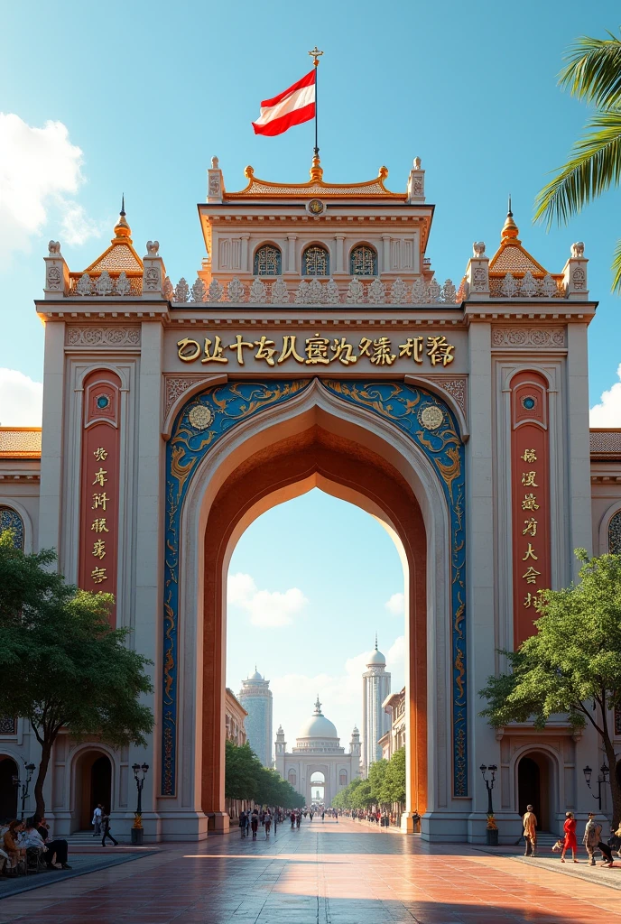 City gate. There is a 3D writing Medoho Asri There is a red and white flag