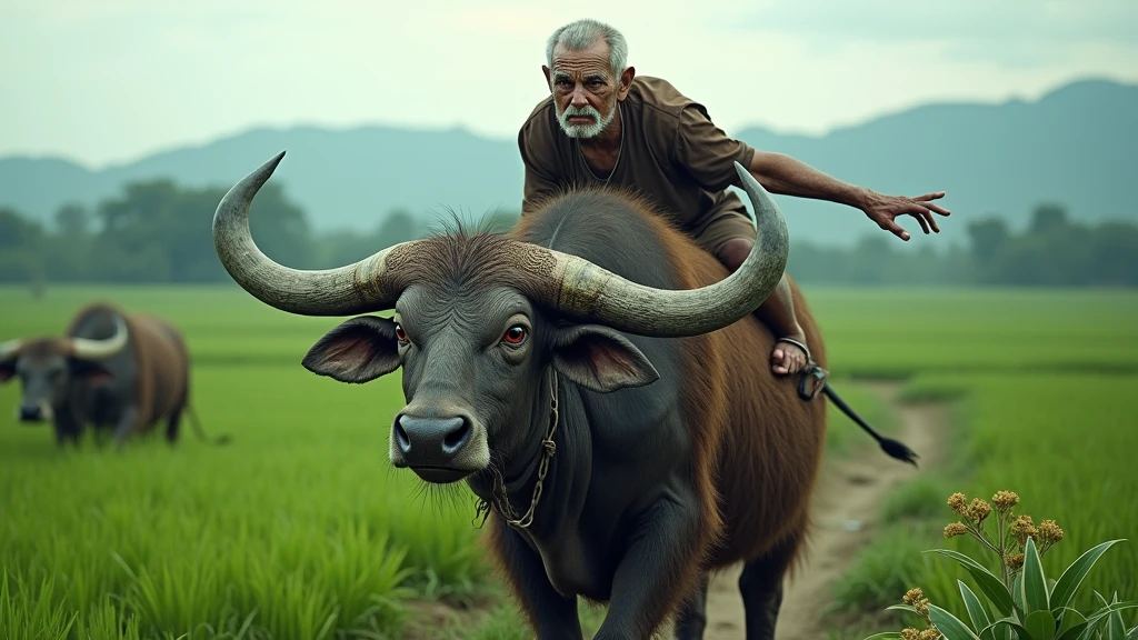 A scary red-eyed Cambodia grandmother rides a buffalo in the fields during the day 8k