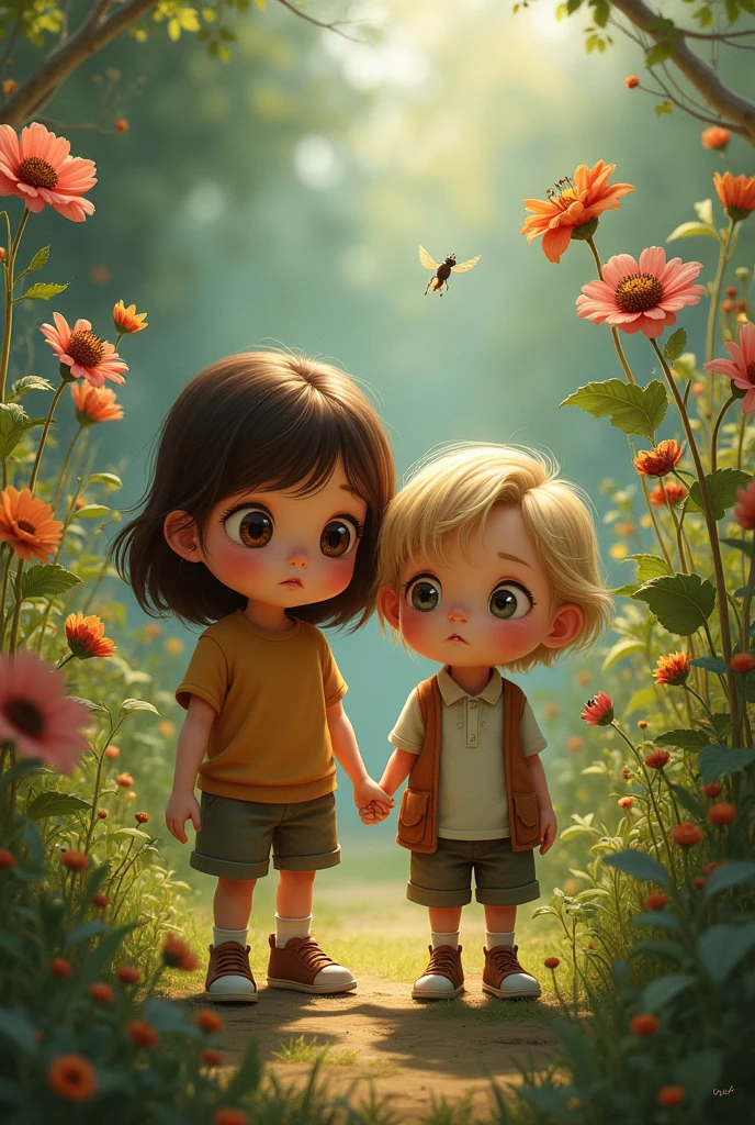 Anna and Lucas (children)observing a garden with wilted flowers
