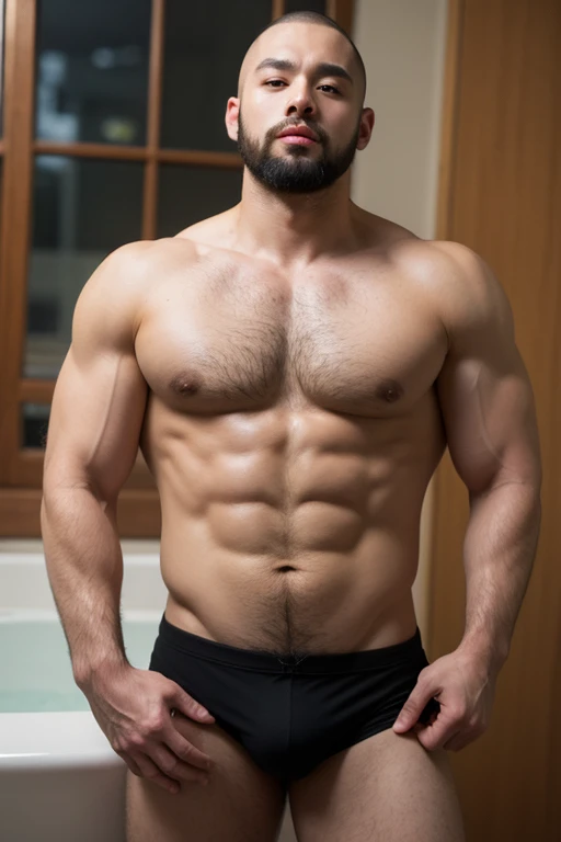 ((best quality)), ((masterpiece)), (detailed), perfect big detailed hairy plump muscle man in bath , beard, dark skin color, skinhead, Japanese men, Big lump cok And short nephro hair