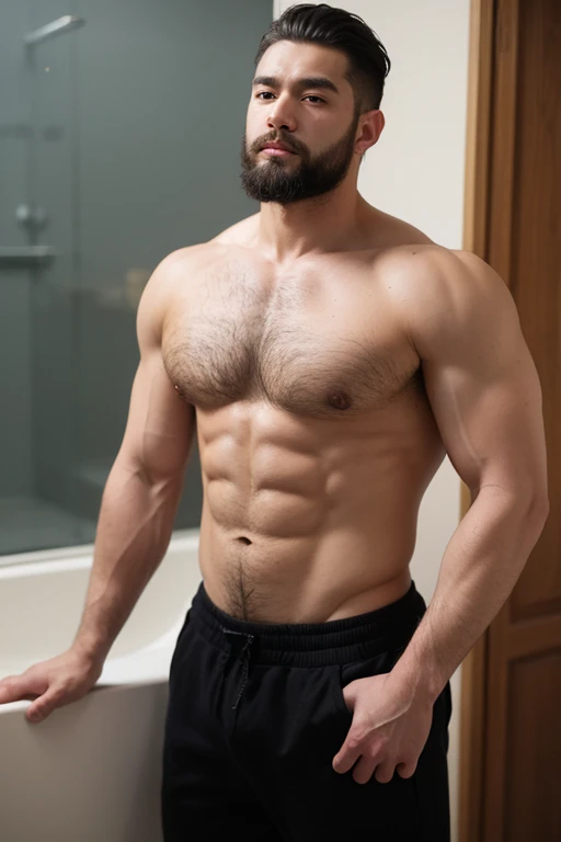 ((best quality)), ((masterpiece)), (detailed), perfect big detailed hairy plump muscle man in bath , beard, dark skin color, skinhead, Japanese men, Big lump cok And short nephro hair