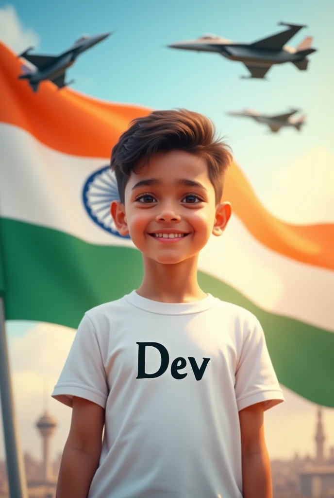 A boy with a white tshirt and name dev is print on his t shirt with background of Indian flag and Indian jets