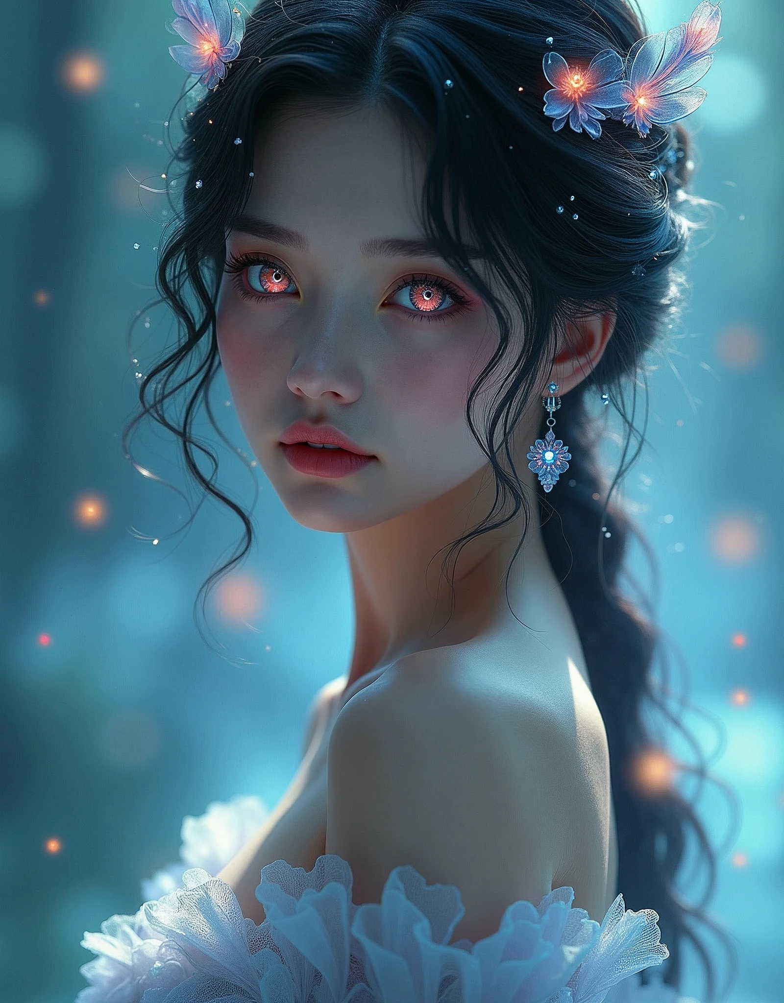 A beautiful girl with symbol-shaped pupils, sparkling eyes, and star-shaped pupils looking directly at the viewer, 8k, beautiful lighting, masterpiece, photorealistic, concept art, cinematic, vibrant colors, detailed face, intricate hairstyle, elegant expression, flowing dress, mystical atmosphere, ethereal, fantasy, magical