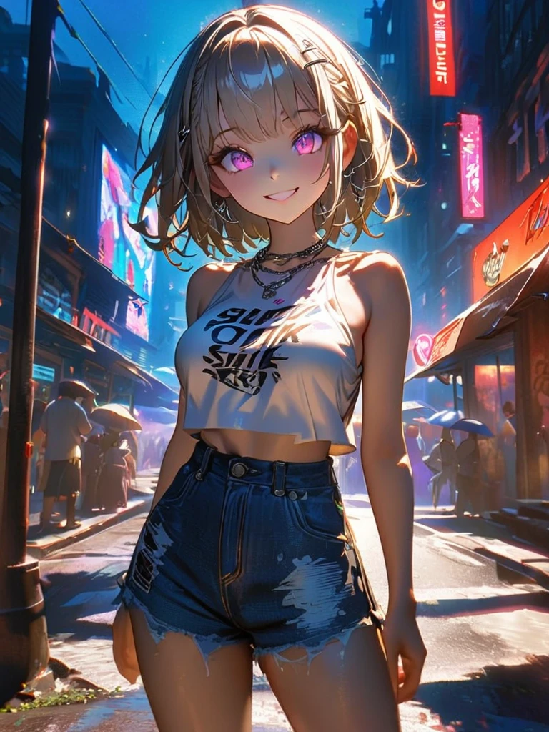 1 person, chromatic aberration, Written boundary depth, Soft Light, masterpiece, Highest quality, complicated, Tone Mapping, A place where fireworks are set off at festivals. Concept Art, Smooth, Clear focus, Dramatic lighting, Very cinematic, super practical painting, アートステーション's trending, 8k, Incredible Shadows, practical, whole body, View, Viewers, Portrait of a Girl 1, standing on street corner, Heavy rain and lightning、Dark Sky, neon and cyber punk background, she is dressed in punk clothing with silver chains and silver spikes, Her hair was dyed light brown....................Ominous aura of light, smile, punk, ciber punk, Backlight.Fashionable clothes、Friendly dress code: She is wearing a cute white sleeveless top with an open back and denim shorts..My breasts are a little big.