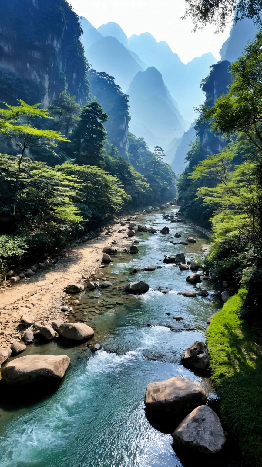 Taking photos in the creek,The stream is clear,Like the mountains in Zhangjiajie,Mountain tops shrouded in mist,Looming,Sunlight on the mountains,Like an ink painting,Clear tones