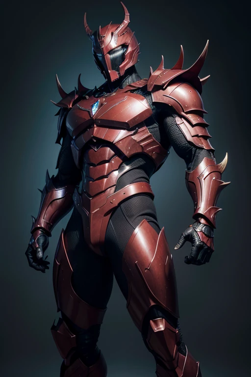 an imposing and threatening humanoid, with a robust and metallic appearance. He has a muscular body, coated in a dark, shiny armor that appears to be made of iron or steel. Its predominant colors are black and gray., with red details that highlight its strongest points. The Stand has a humanoid shape., but its extremities are exaggerated and powerful, with large claws and spines that accentuate its aggressive nature.