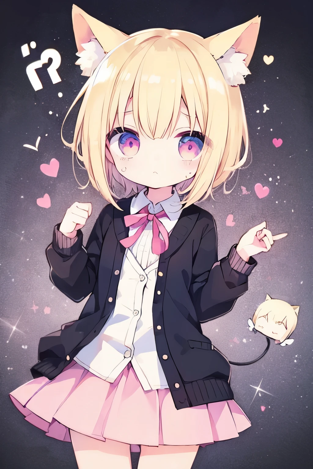 Blonde cardigan、Pink Skirt、Putting on a collar、Elementary school girl、platinum blonde short cut,Very beautiful and Shining Eyes、Shining Eyes、1 person、Cat ear、(((((Small body)))))、heart❤、((Sweat、vapor))