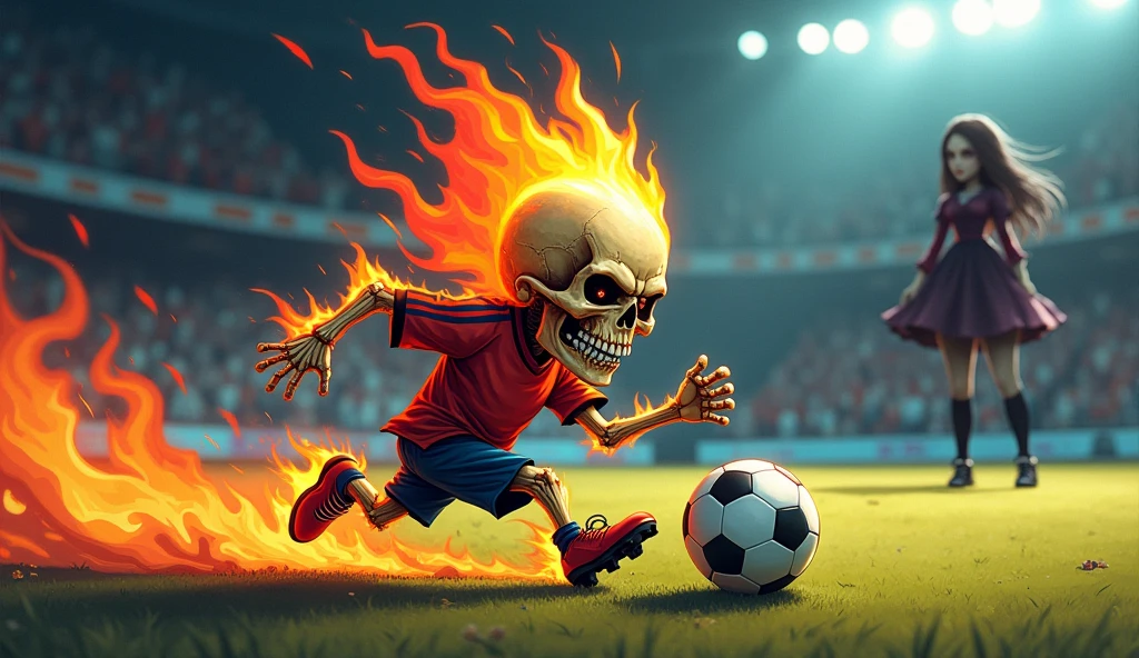 A captivating illustration of a small, angry flaming skull of short stature, showcasing exceptional speed as it plays soccer. The skull,adorned with a tiny jersey and soccer cleats, is on fire, leaving a trail of smoke behind. The background reveals a soccer field,The crowd cheers in the stands, as the skull skillfully navigates through the field. In the background is a sexy girl, dark fantasy