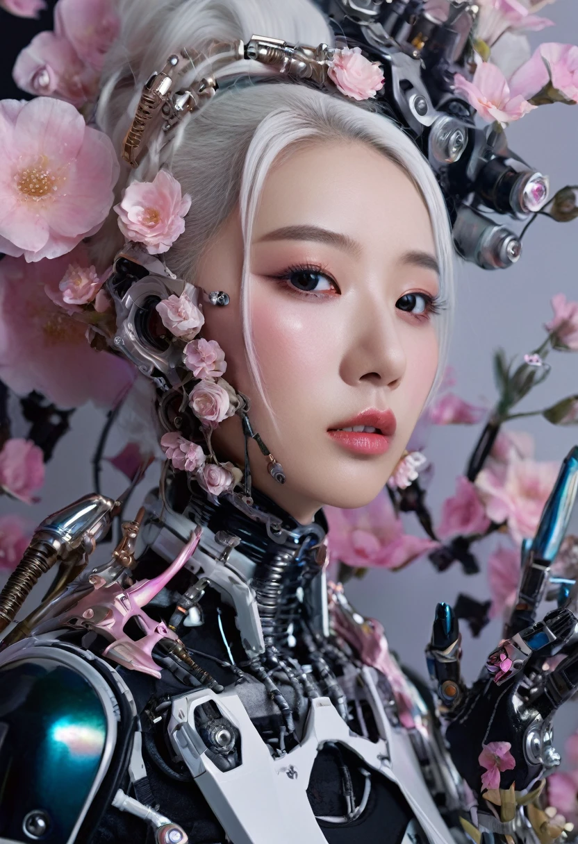 An extraordinarily detailed close-up portrait of an android-human hybrid K-pop idol, showcasing her striking Skell cyberpunk appearance. Her face is adorned with intricate mechanical implants, while her white hair has a subtle pink hue. She bite a flower, her cyborg hand covered her eyes, high contrast, upscale sharpness, reflective environtment, unreal engine, space cyborg japan style. Wear anthena, cyborg mouth ,The background features a soft, dreamy style, contrasting with her metallic and glossy chrome features. This captivating image was expertly captured with a Fujifilm XT-10 camera, delivering an ultra-high 8K resolution for breathtaking detail. The hyper-realistic photo exhibits the skill of award-winning photography.