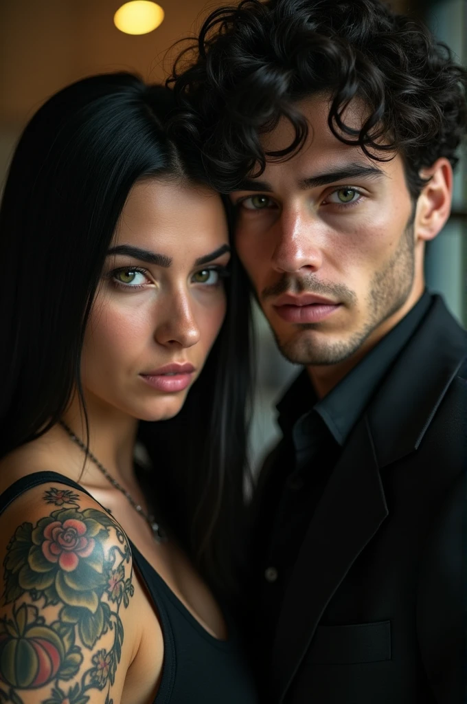 Create a photo of a female hitman, with straight black hair, green eyes and a tattoo next to a young mafia boss, curly hair, all tattooed dark style