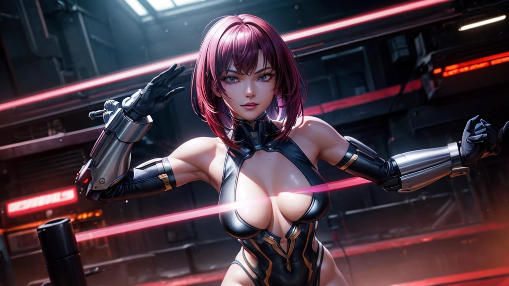 premium、masterpiece、超High resolution、(photorealistic:1.4)、1 person、short red hair、straight hair, shiny and clean hair、white and shiny skin、Chica Cyberpunk Sexy、((super realistic details))、shadow、octan render、ultra-sharp、hyper-detailed face、Fiberglass、luminous tube、very complex detail、Realistic light、CGSoation Trends、(purple eyes)、(in front of the camera)、neon details、mechanical limbs、mechanical vertebrae attached to the back、mechanical cervical fixation to the neck、Wires and cables that connect to the head.、((Valkyrie))、((Beam Cannon))、Combat Stance、((seductive pose:0.8))、(light_smile:1.0)、Whole body、