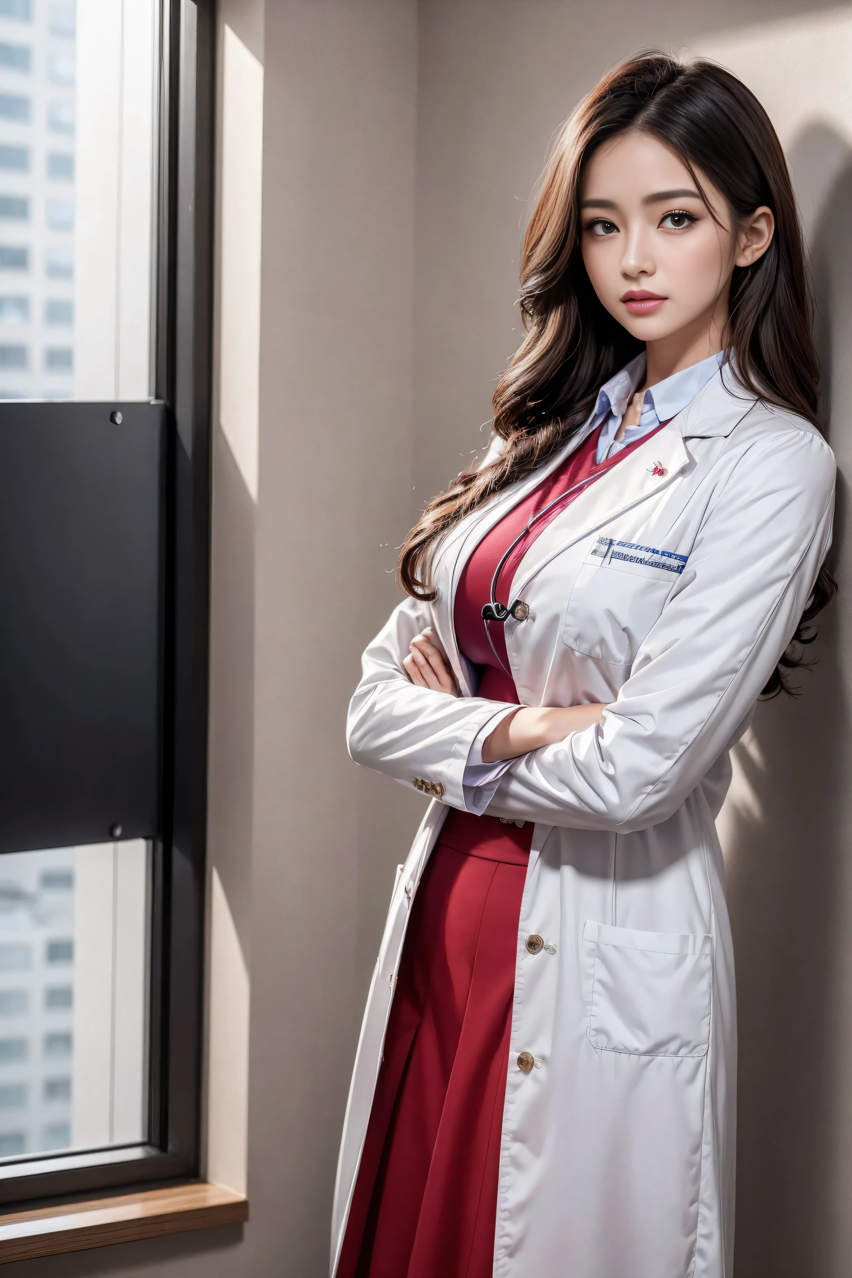 Realistic beautiful doctor、Stunning beauty、Doctor's white coat, Collared shirt、(Top quality、8K、32K、masterpiece、nffsw:1.3)、Ultra-high resolution,(Photorealistic:1.4),Original Photography, Delicate face,,Crimson curls, ((Doctor style)), , Black tight skirt、 Natural Makeup,, Full breasts、Inside the hospital, Detailed background, Perfect lighting, Depth of Field, Beautiful shadow gradient,Stethoscope ,
