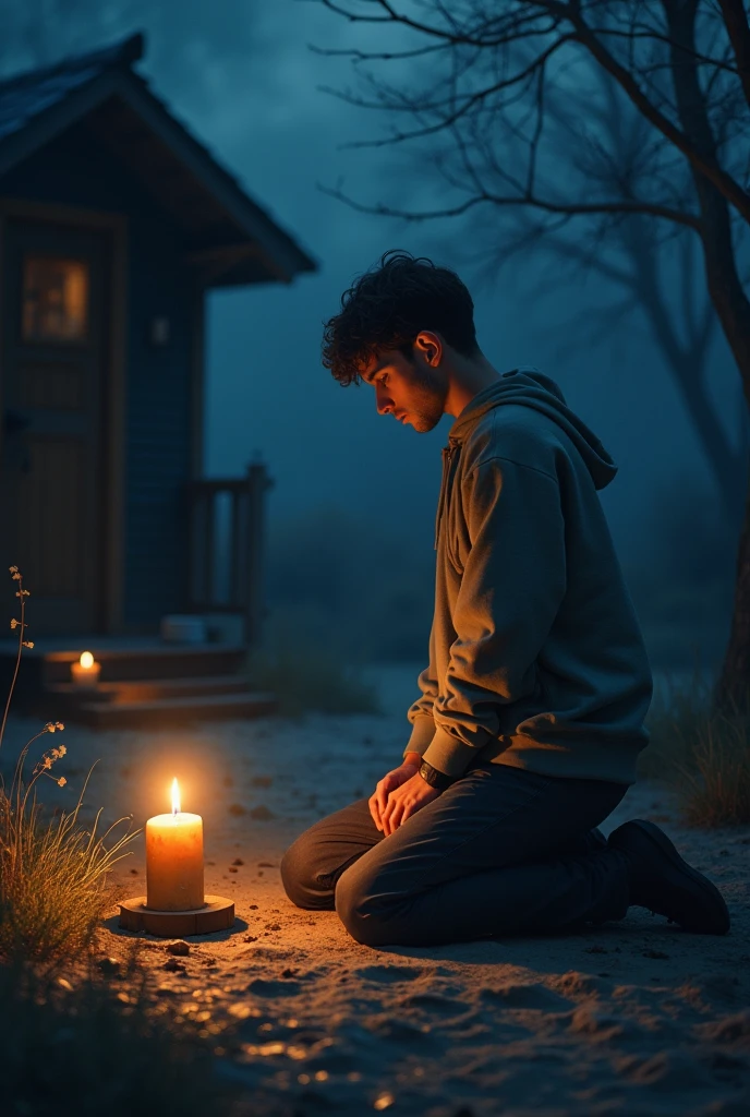 let it be at night, WHERE THERE IS A YOUNG MAN ON HIS KNEES IN FRONT OF THE CUSTODY OF THE BLESSED SACRAMENT,
On the side or in the background there is a camping house , religious