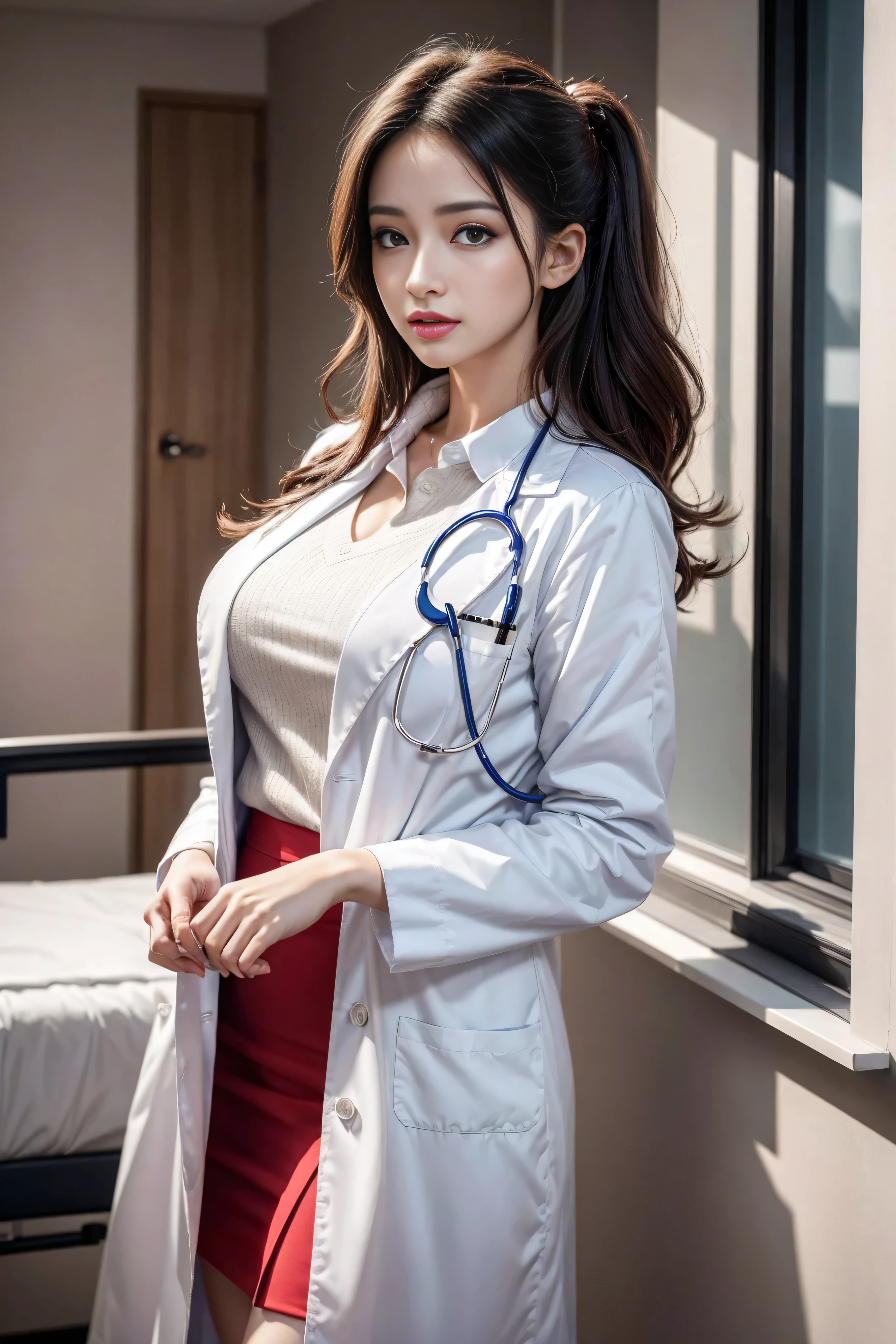 Realistic beautiful doctor、Stunning beauty、Doctor's white coat, Collared shirt、(Top quality、8K、32K、masterpiece、nffsw:1.3)、Ultra-high resolution,(Photorealistic:1.4),Original Photography, Delicate face,,Crimson curls, ((Doctor style)), , Black tight skirt、 Natural Makeup,, Full breasts、Inside the hospital, Detailed background, Perfect lighting, Depth of Field, Beautiful shadow gradient,Stethoscope ,