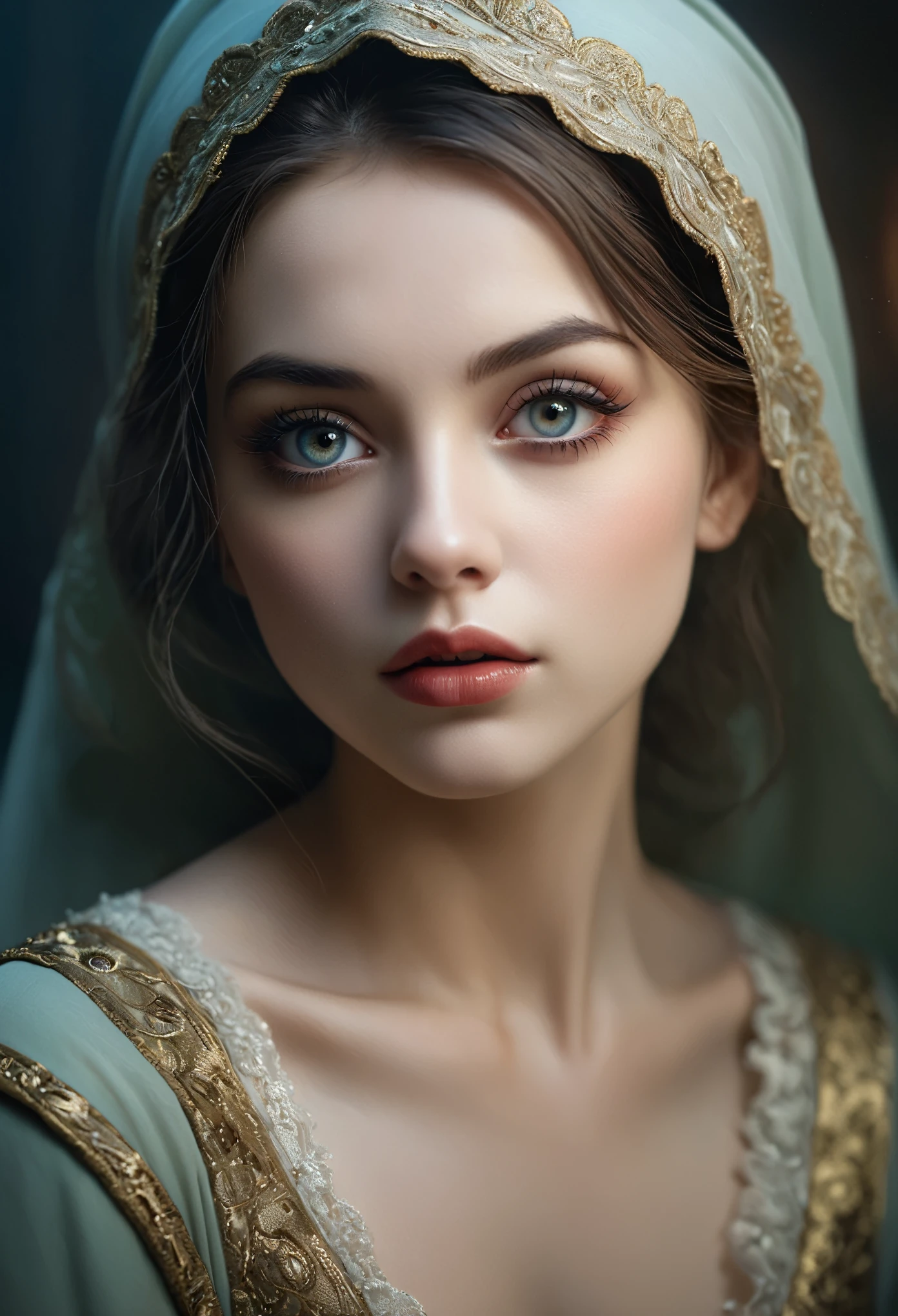a masterpiece, highest quality, (crazy_eyes:1.1), (smallbreasts:1.2), ultra-detailed, fog, nsfw, (emotionless:1.1), detailed facial features, beautiful detailed eyes, beautiful detailed lips, extremely detailed face, long eyelashes, photorealistic, cinematic lighting, dramatic shadows, muted color palette, moody, intricate details, intricate background, intricate clothing folds, porcelain skin