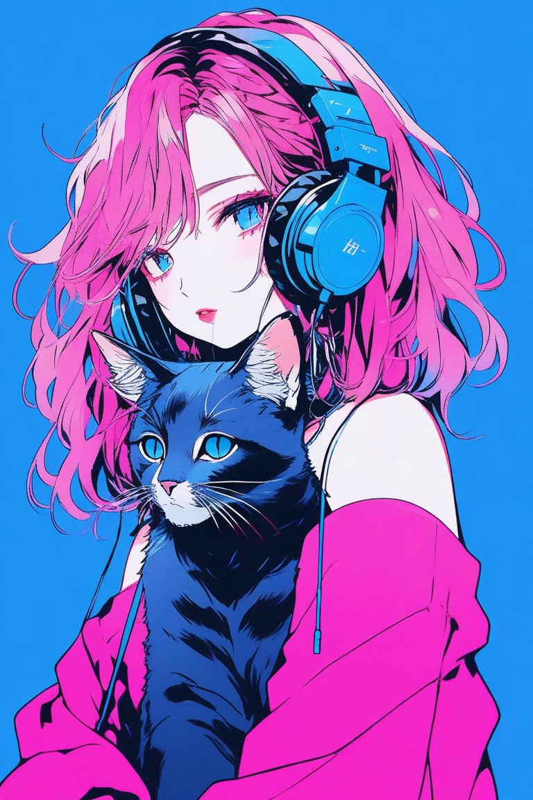 ((masterpiece,Highest quality)), 8k, anime , Realistic ,sketch, anime風のポートレート, 黒猫を連れたanimeの, Blue gradient background, Off-the-shoulder knit, Neon messy medium length hair, lip, Big earrings, Wearing headphones, Texture Trim, Canadian, Upper Body, (masterpiece,Highest quality)