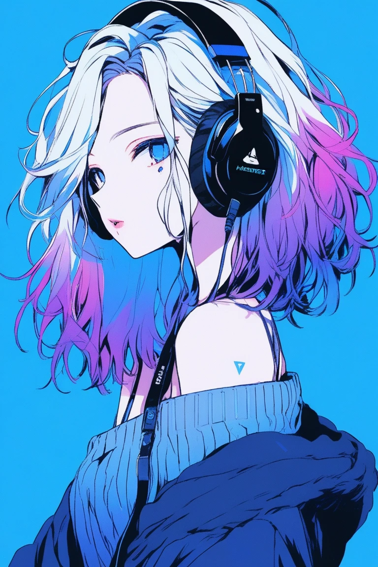((masterpiece,Highest quality)), 8k, anime , Realistic ,sketch, anime風のポートレート, 黒猫を連れたanimeの, Blue gradient background, Off-the-shoulder knit, Neon messy medium length hair, lip, Big earrings, Wearing headphones, Texture Trim, Canadian, Upper Body, (masterpiece,Highest quality)
