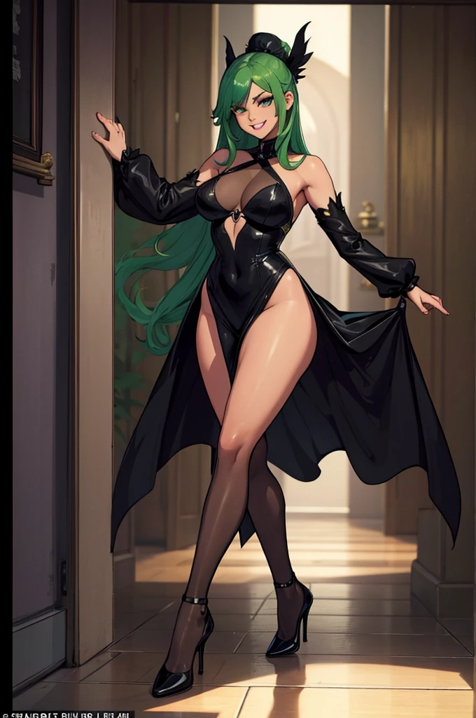shot from down, can see black heels, attractive and alluring female erotic dancer is guiding me towards a room, confident, smiling, teasing with her tongue, sensual pose, shoulder-length green hair, wearing dark dress and dark tights that reach halfway up her thighs, night club, slim, fit, sexy thighs, aesthetic body, perfect skin, black heels on foot