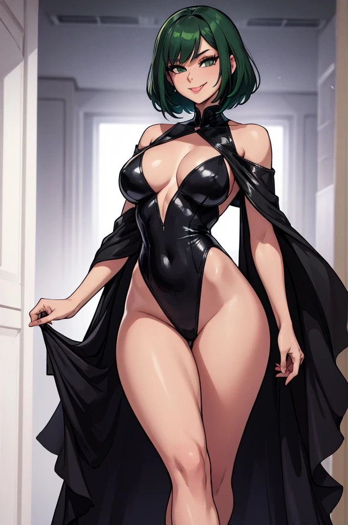 shot from down, can see black heels, attractive and alluring female erotic dancer is guiding me towards a room, confident, smiling, teasing with her tongue, sensual pose, shoulder-length green hair, wearing dark dress and dark tights that reach halfway up her thighs, night club, slim, fit, sexy thighs, aesthetic body, perfect skin, black heels on foot