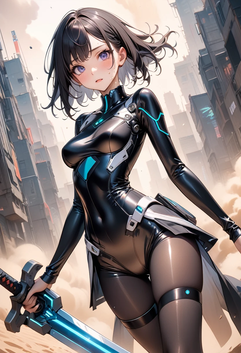 (((Hold a giant sword in both hands))), ((formal cropped jacket)), (Cyberpunk style), ((futuristic sexy bodysuit)), Mechanical Long Boots,, (skirt), (pantyhose), ((Shiny Costumes)), skindentation, skinny, solo, 1 woman, Masterpiece, highest quality, highest quality, 16K, incredibly absurd, highly detailed, 2.5D, ai-generated, delicate and dynamic, very delicate facial expressions, delicate eye depiction, erotic, only sexy woman, ((A cute and kind face)), healthy figure, ((25-year-old woman)), 160cm tall, medium firm swaying bust,　Sweat,Embarrassed,sexy, ((thin thighs)), (camel toe:0.7), , (Erect nipples,:0.7), shiny and lustrous, facing straight at viewer, (((in heat))), ((Oily_skin)), ((Lots of sweat)), ((dutch angle)), ((erotic pose)), (((Very dynamic pose))), A ruined cityscape of the future, ((Riding on a giant weapon)), In the sandstorm,