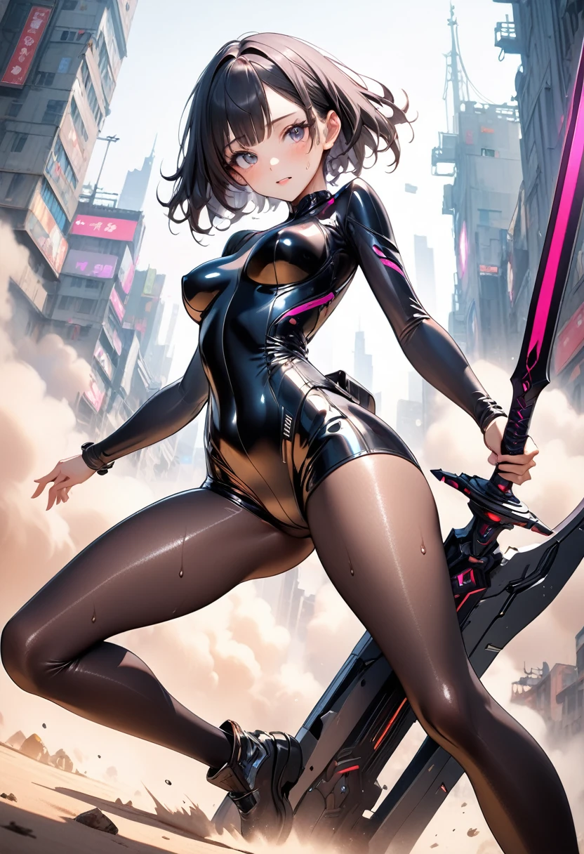 (((Hold a giant sword in both hands))), ((formal cropped jacket)), (Cyberpunk style), ((futuristic sexy bodysuit)), Mechanical Long Boots,, (skirt), (pantyhose), ((Shiny Costumes)), skindentation, skinny, solo, 1 woman, Masterpiece, highest quality, highest quality, 16K, incredibly absurd, highly detailed, 2.5D, ai-generated, delicate and dynamic, very delicate facial expressions, delicate eye depiction, erotic, only sexy woman, ((A cute and kind face)), healthy figure, ((25-year-old woman)), 160cm tall, medium firm swaying bust, Sweat,Embarrassed,sexy, ((thin thighs)), (camel toe:0.7), , (Erect nipples,:0.7), shiny and lustrous, facing straight at viewer, (((in heat))), ((Oily_skin)), ((Lots of sweat)), ((dutch angle)), ((erotic pose)), (((Very dynamic pose))), A ruined cityscape of the future, ((Riding on a giant weapon)), In the sandstorm,