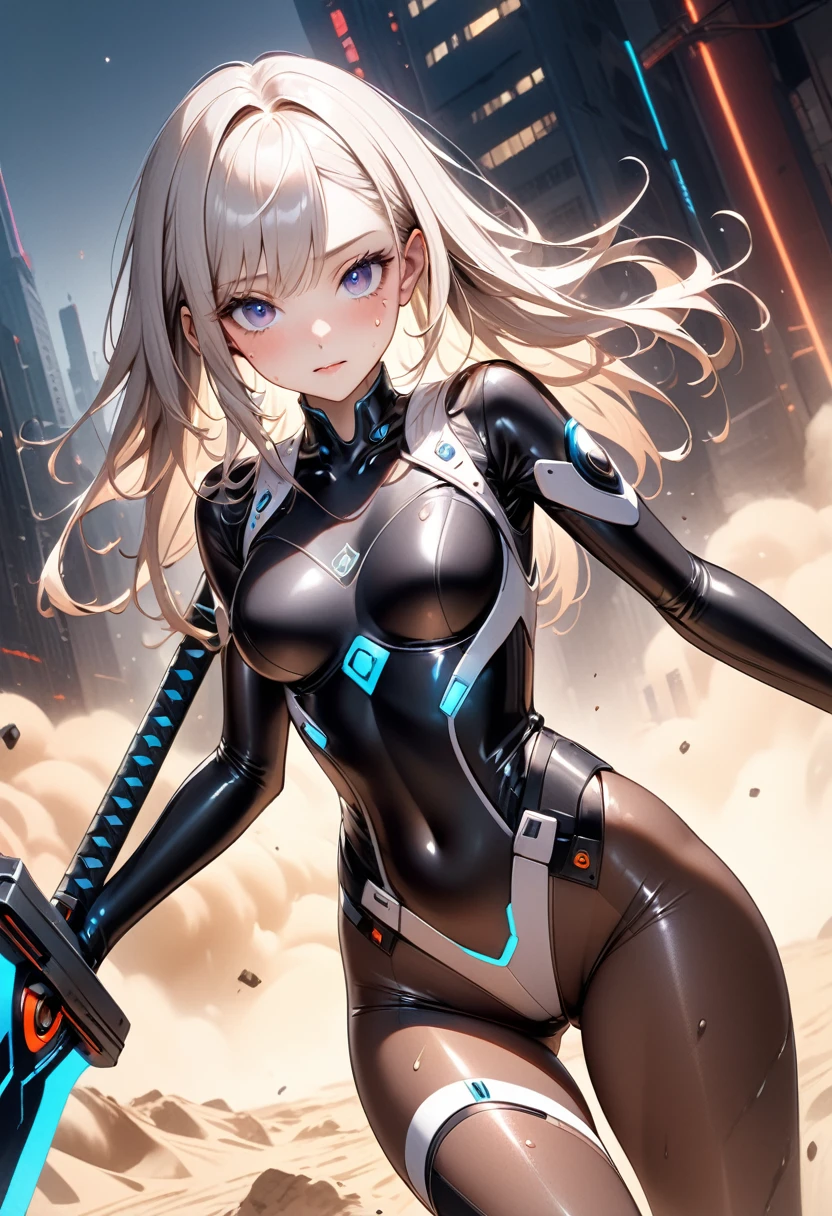 (((Hold a giant sword in both hands))), ((formal cropped jacket)), (Cyberpunk style), ((futuristic sexy bodysuit)), Mechanical Long Boots,, (skirt), (pantyhose), ((Shiny Costumes)), skindentation, skinny, solo, 1 woman, Masterpiece, highest quality, highest quality, 16K, incredibly absurd, highly detailed, 2.5D, ai-generated, delicate and dynamic, very delicate facial expressions, delicate eye depiction, erotic, only sexy woman, ((A cute and kind face)), healthy figure, ((25-year-old woman)), 160cm tall, medium firm swaying bust, Sweat,Embarrassed,sexy, ((thin thighs)), (camel toe:0.7), , (Erect nipples,:0.7), shiny and lustrous, facing straight at viewer, (((in heat))), ((Oily_skin)), ((Lots of sweat)), ((dutch angle)), ((erotic pose)), (((Very dynamic pose))), A ruined cityscape of the future, ((Riding on a giant weapon)), In the sandstorm,