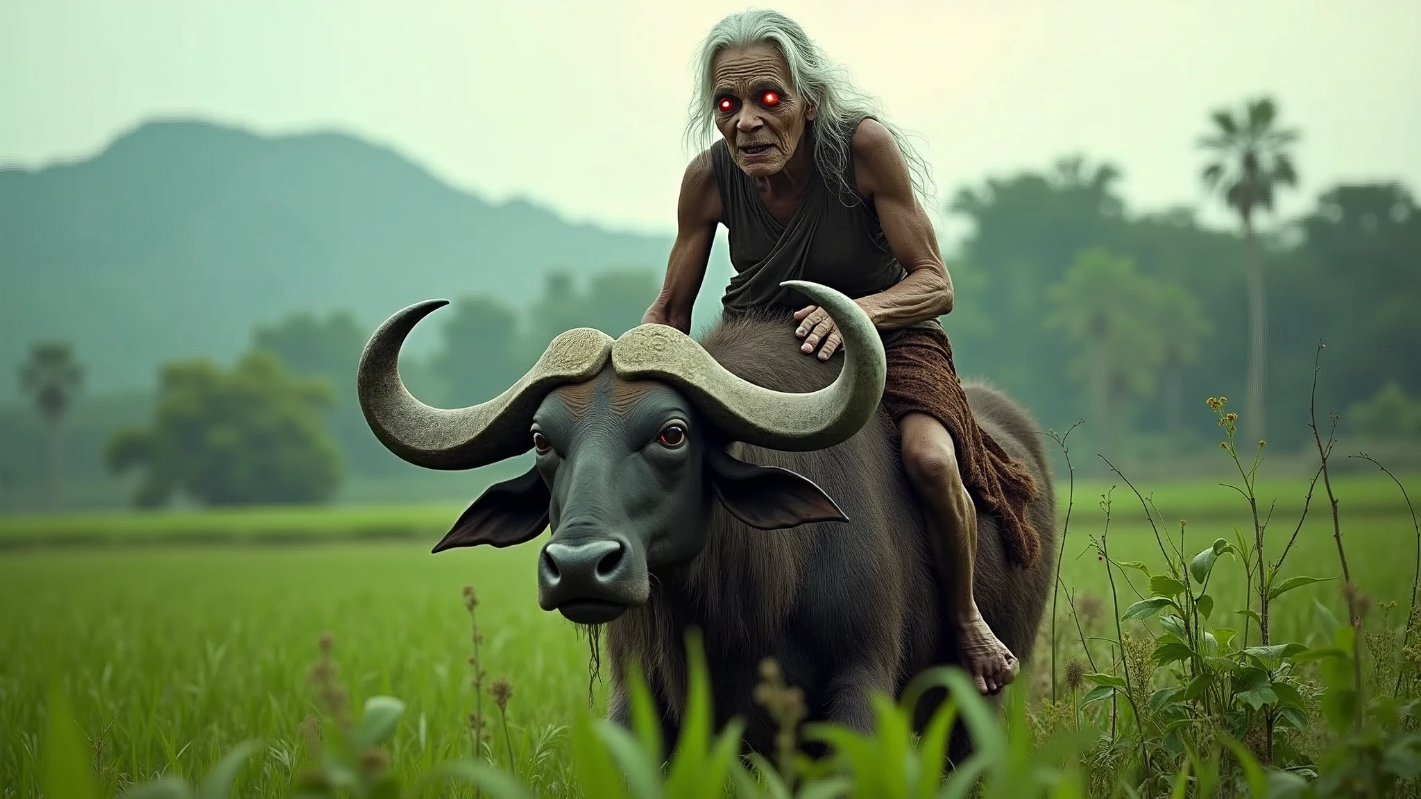 A scary red-eyed Cambodia grandmother rides a buffalo in the fields during the day 8k  